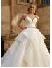 Beaded Straps Ivory Satin Organza Ruffled Modern Wedding Dress